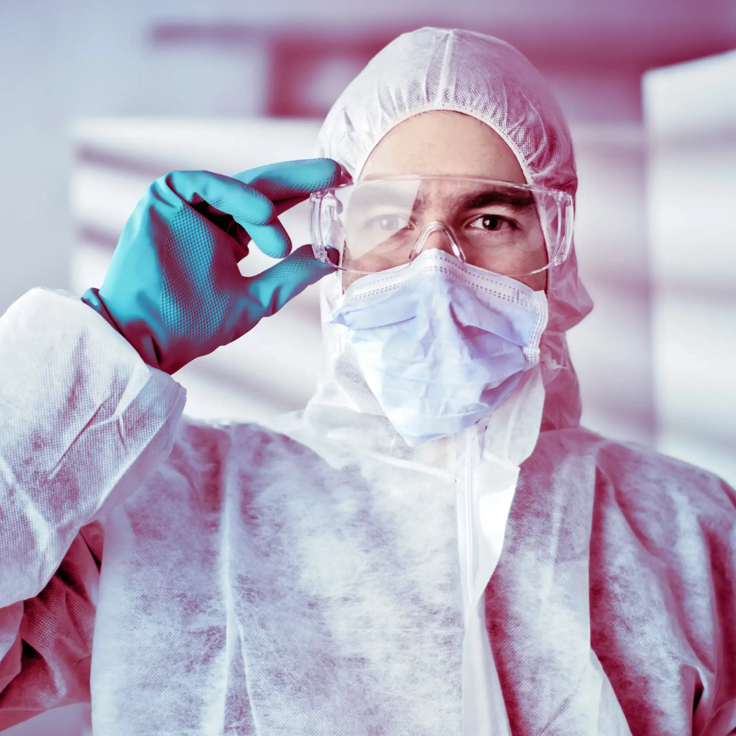 Scientist in protective clothing looks through protective eyewear | Protect2Clean
